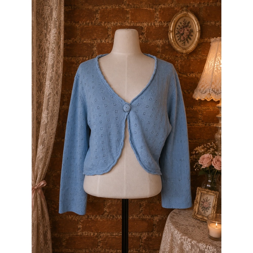 Vintage Baby Blue Pointelle Knit Cropped Cardigan Shrug Sweater‎ Coquette Large